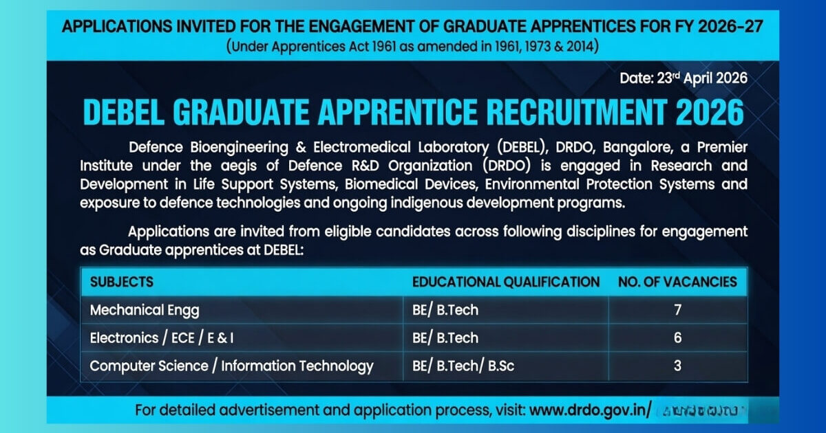 DEBEL Graduate Apprentice Recruitment 2026 official notification for 28 posts in Bengaluru DRDO