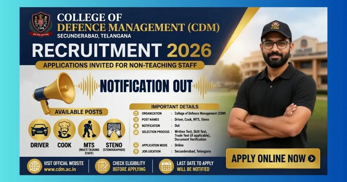 College of Defence Management Secunderabad Recruitment 2026 for 8 MTS Driver Cook Steno posts apply offline