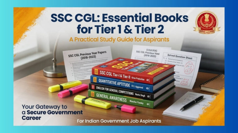 Stack of recommended books for SSC CGL preparation including Rakesh Yadav, SP Bakshi and Lucent GK on wooden desk with notepad