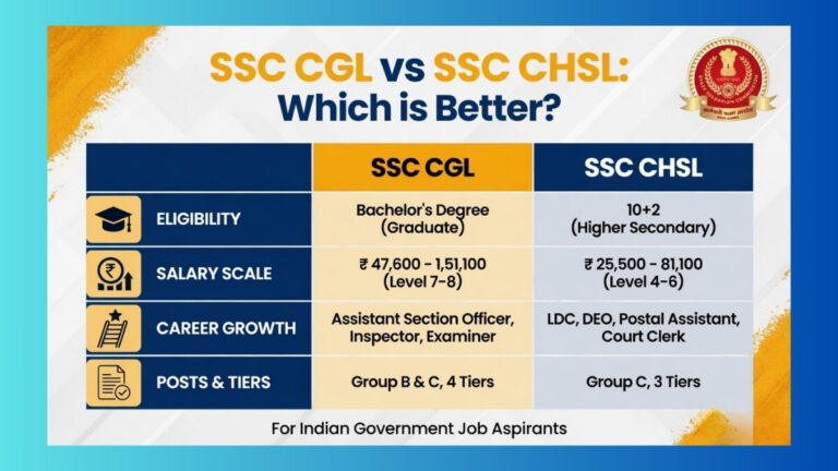 SSC CGL vs SSC CHSL side-by-side comparison of eligibility, posts, salary and exam difficulty for Indian government job aspirants