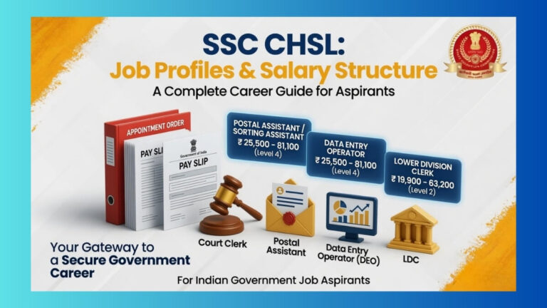 SSC CHSL posts including LDC JSA DEO and PA roles with government office background showing salary and job profile details