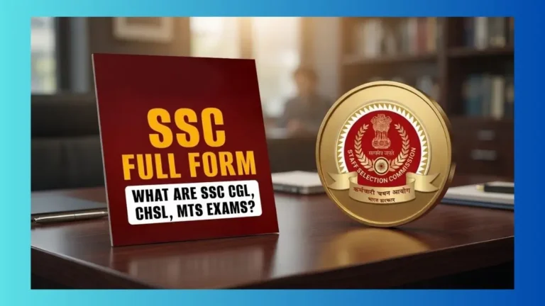 Young Indian student viewing Staff Selection Commission recruitment details on laptop screen, with blurred government office building in background representing SSC full form and government jobs.