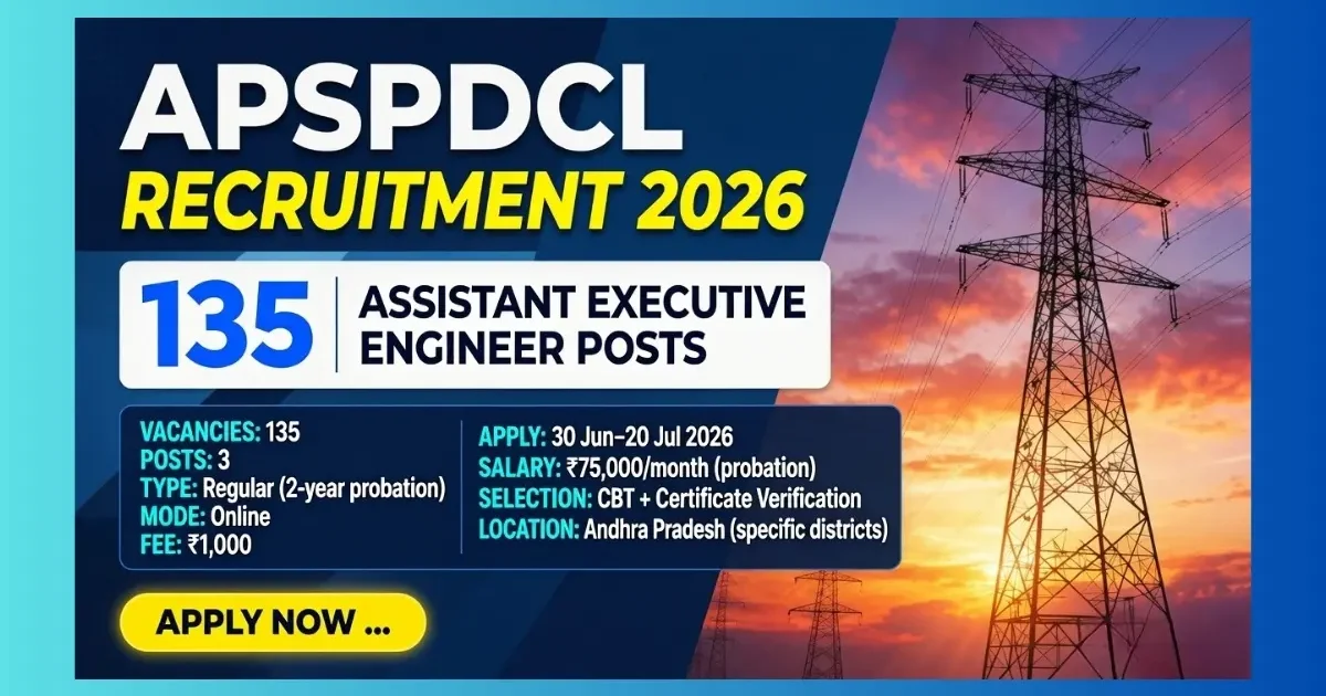 APSPDCL AEE Recruitment 2026 official notification for 135 Assistant Executive Engineer posts in Andhra Pradesh