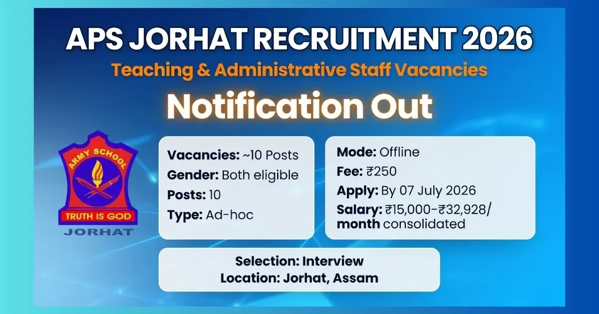 Army Public School Jorhat recruitment 2026 for 10 teaching and administrative posts apply offline by 07 July