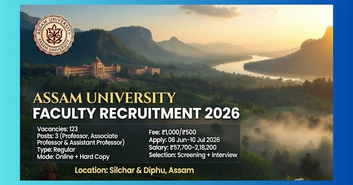 Assam University Silchar Faculty Recruitment 2026 official notification for 123 Professor Associate and Assistant Professor posts