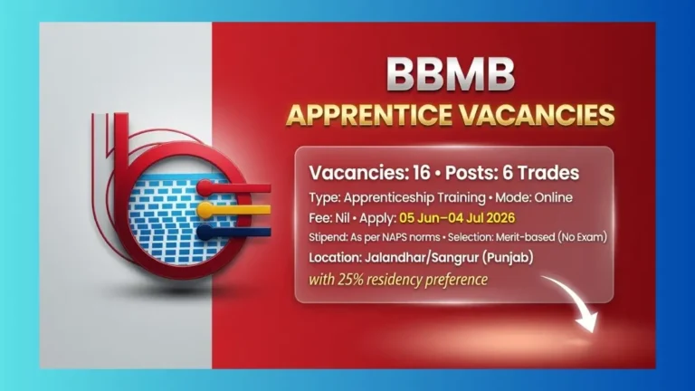 BBMB Apprenticeship Recruitment 2026 official notification for 16 posts in Lineman, Electrician and other trades