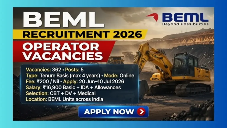 BEML Limited Operator Recruitment 2026 notification for 362 ITI Fitter Turner Welder Machinist Electrician posts