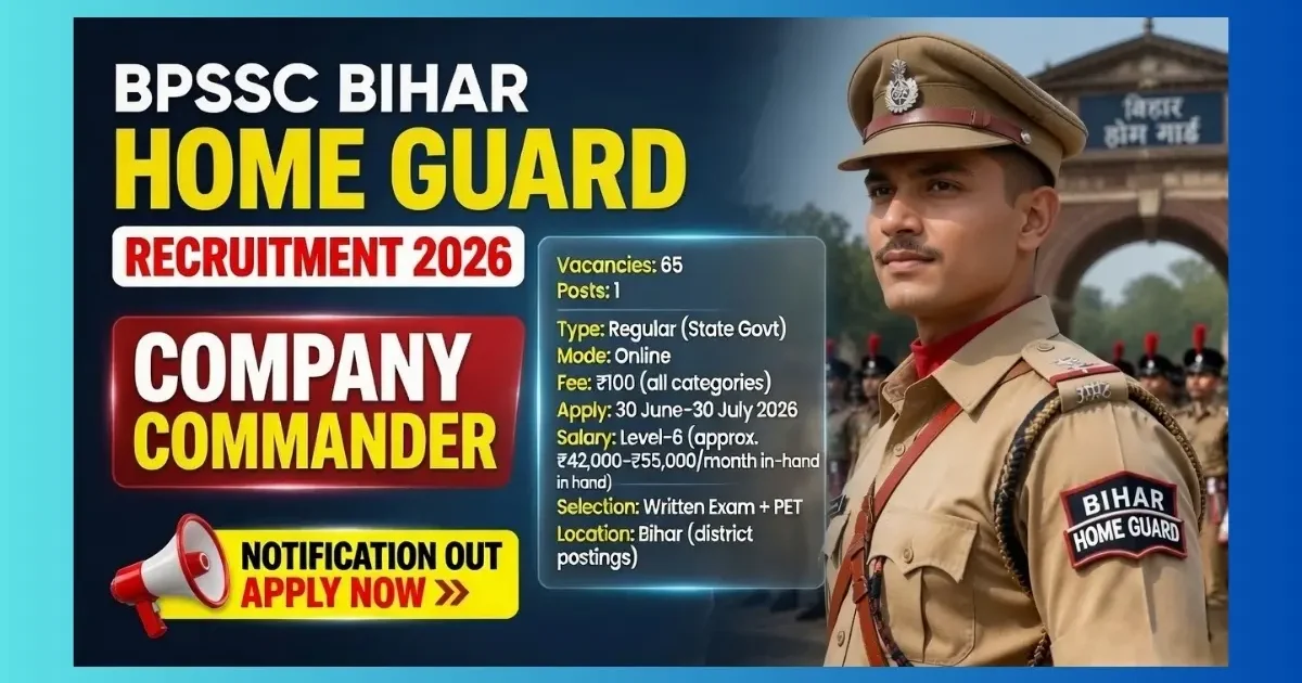 BPSSC Bihar Company Commander Recruitment 2026 official notification for 65 Home Guard posts