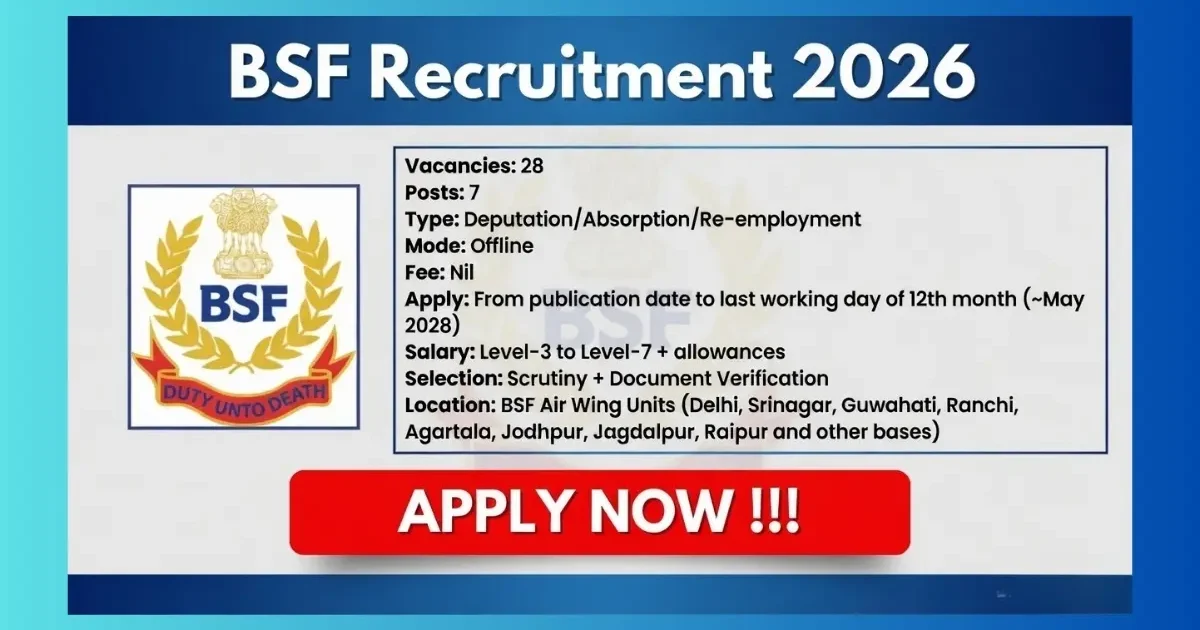 BSF Air Wing Recruitment 2026 for 28 Group B and C posts on deputation and absorption basis