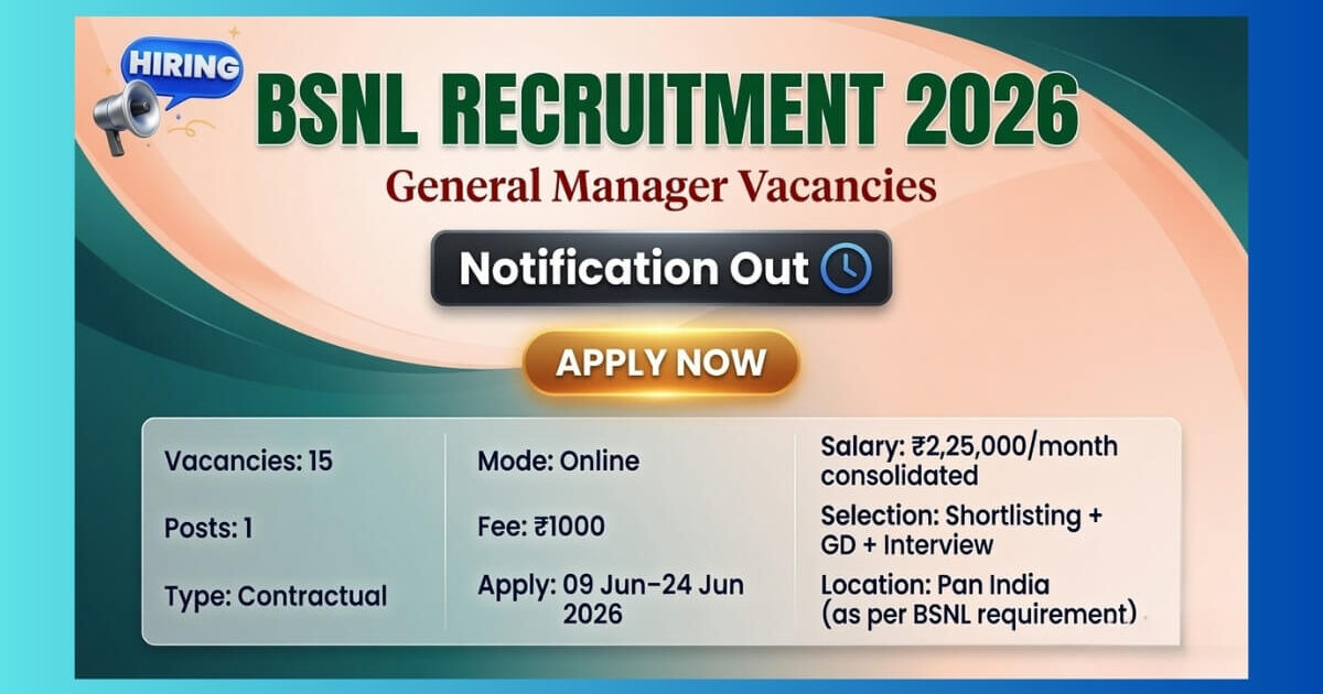 BSNL General Manager Finance Recruitment 2026 official notification for 15 contractual posts
