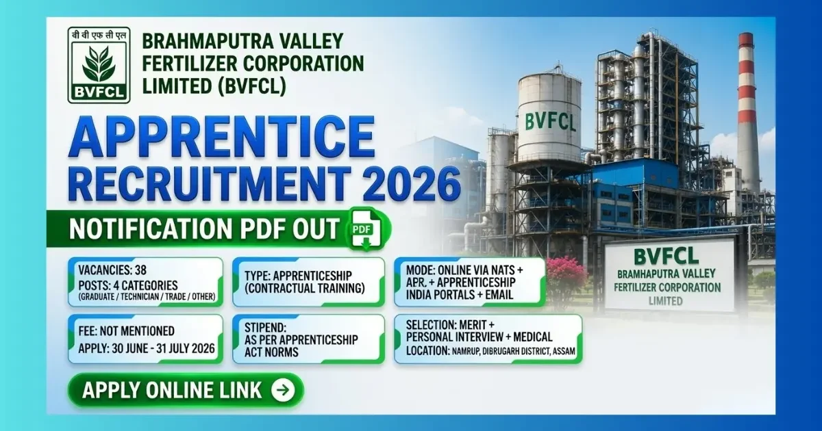 BVFCL Namrup Apprentice Recruitment 2026 official notification for 38 Graduate, Technician and Trade Apprentice posts in Assam