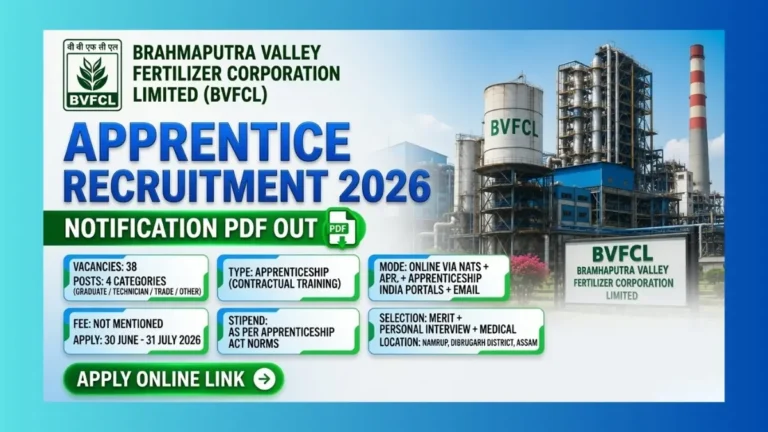 BVFCL Namrup Apprentice Recruitment 2026 official notification for 38 Graduate, Technician and Trade Apprentice posts in Assam