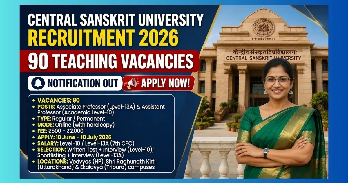 Central Sanskrit University Delhi Teaching Recruitment 2026 official notification for 90 Associate and Assistant Professor posts