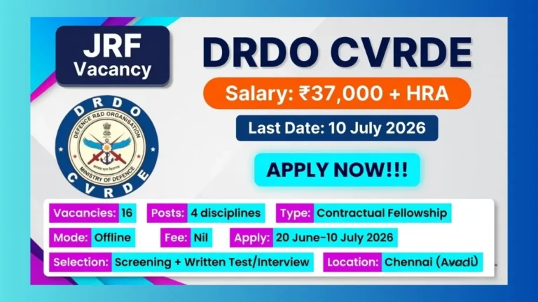 DRDO CVRDE Junior Research Fellow Recruitment 2026 official notification for 16 JRF posts in engineering disciplines