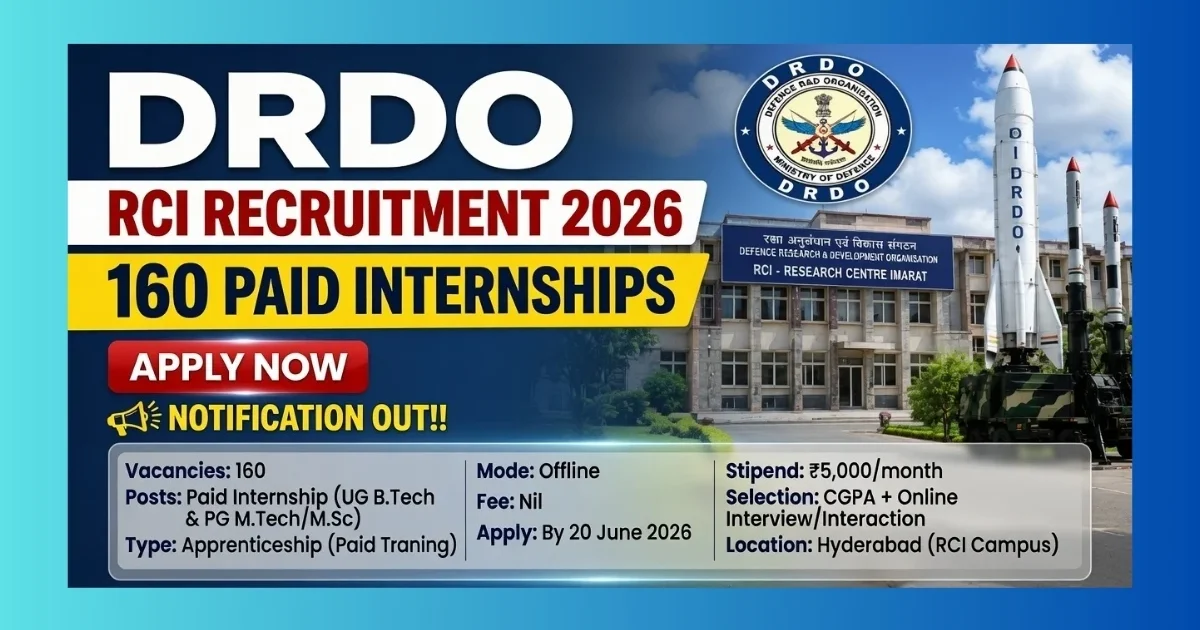 DRDO RCI Hyderabad Paid Internship 2026 official notification for 160 posts for engineering and science students