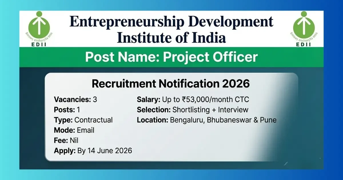 EDII Project Officer Recruitment 2026 for 3 contractual posts at Bengaluru, Bhubaneswar and Pune