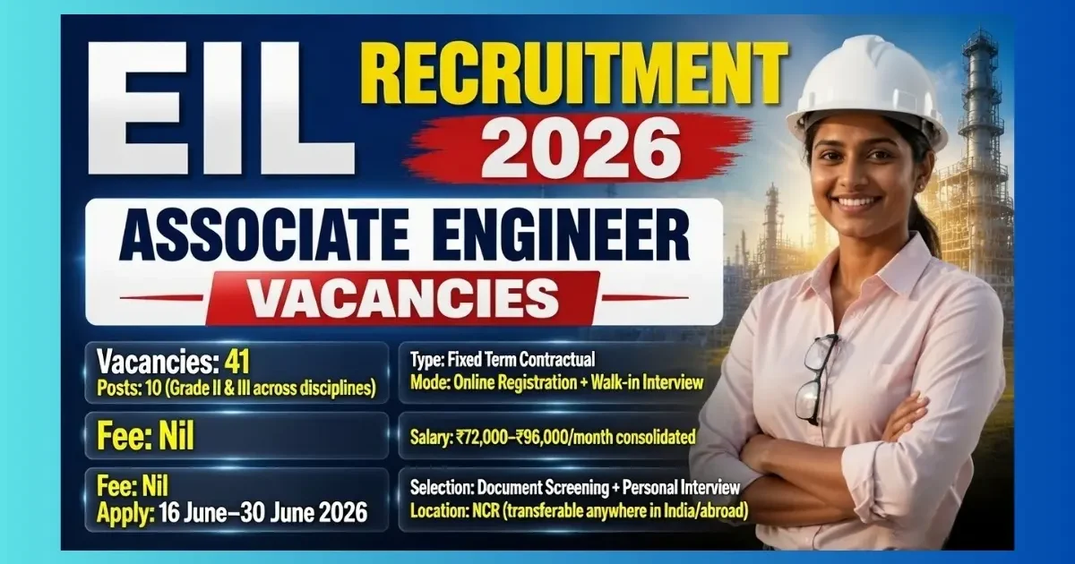 EIL Associate Engineer Recruitment 2026 walk-in for 41 Grade II and III posts on fixed term basis