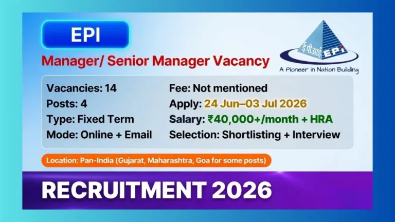 EPI Assistant Manager and Senior Manager Recruitment 2026 official notification for 14 posts
