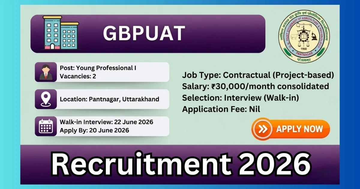 GBPUAT Pantnagar Young Professional I Recruitment 2026 official notification for 2 project posts in apparel and textile science