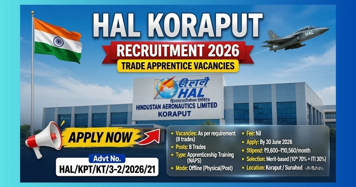 HAL Koraput NAPS Trade Apprentice Recruitment 2026 for ITI candidates from Odisha in 8 trades