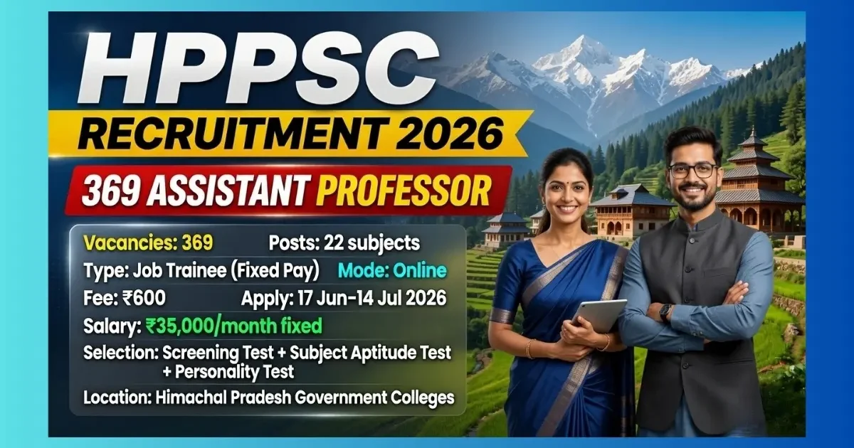 HPPSC Assistant Professor College Cadre Recruitment 2026 for 369 posts across 22 subjects in Himachal Pradesh