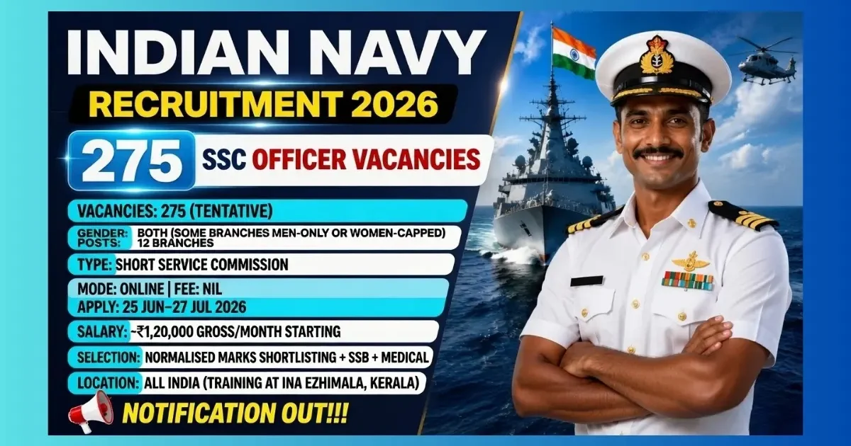Indian Navy SSC Officer Jun 2027 course recruitment 2026 for 275 posts across 12 branches