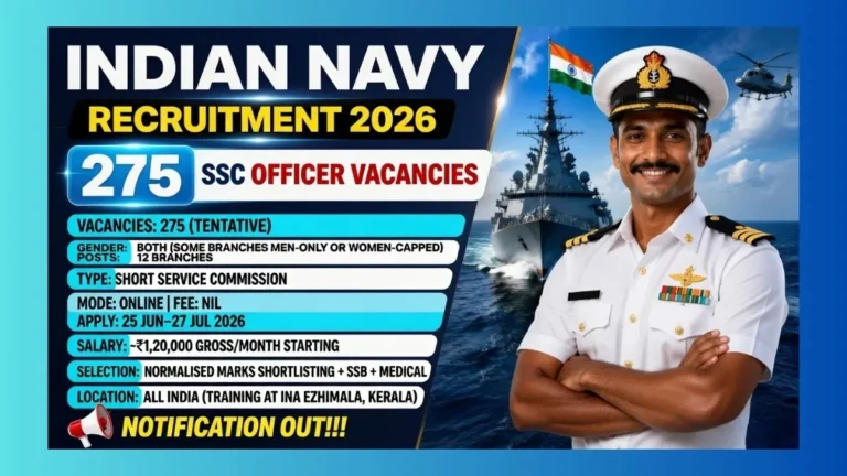 Indian Navy SSC Officer Jun 2027 course recruitment 2026 for 275 posts across 12 branches