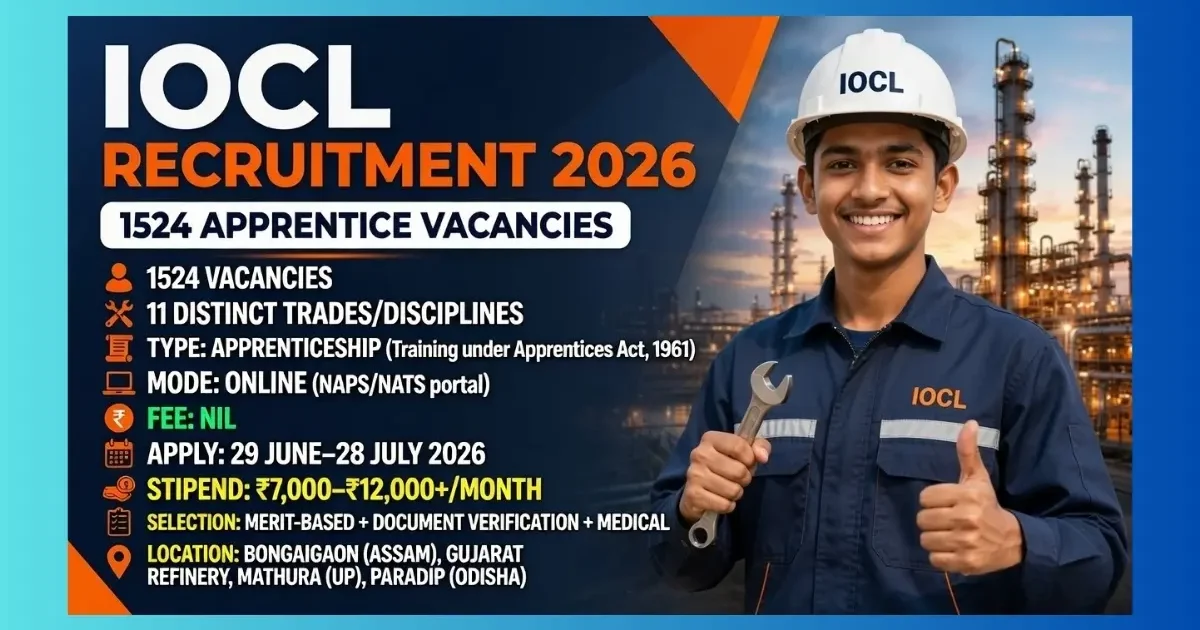 IOCL Apprentice Recruitment 2026 official notification for 1524 Trade and Technician posts at four refineries