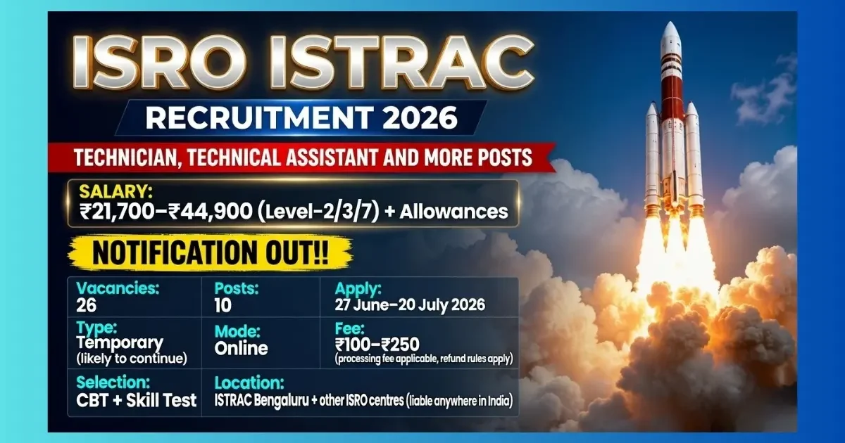 ISRO ISTRAC Bengaluru Recruitment 2026 official notification for 26 Technician and Assistant posts