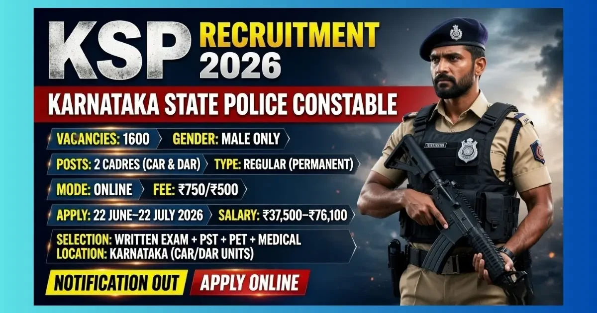 KSP Armed Police Constable Recruitment 2026 official notification for 1600 male CAR/DAR posts in Karnataka