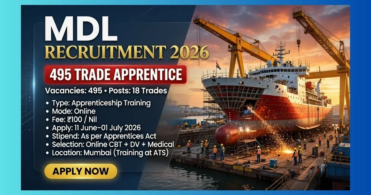 MDL Mumbai Trade Apprentice Recruitment 2026 official notification for 495 seats across 18 trades