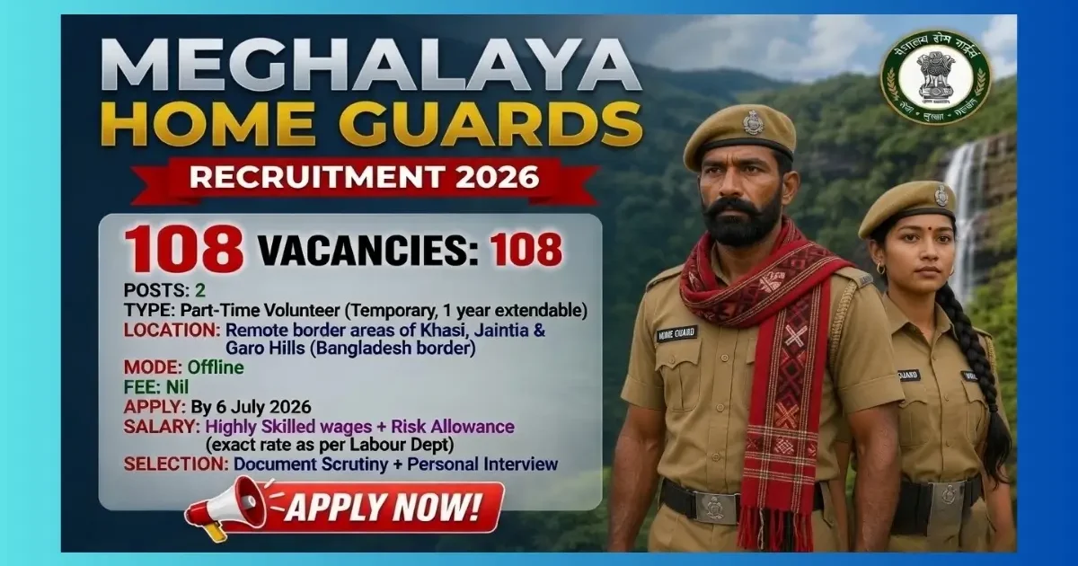 Meghalaya Border Wing Home Guards Naik and Lance Naik Enrollment 2026 for 108 part-time volunteer posts