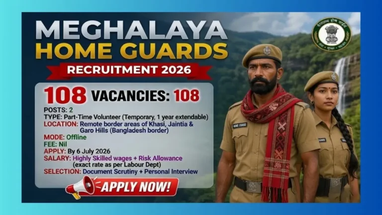 Meghalaya Border Wing Home Guards Naik and Lance Naik Enrollment 2026 for 108 part-time volunteer posts