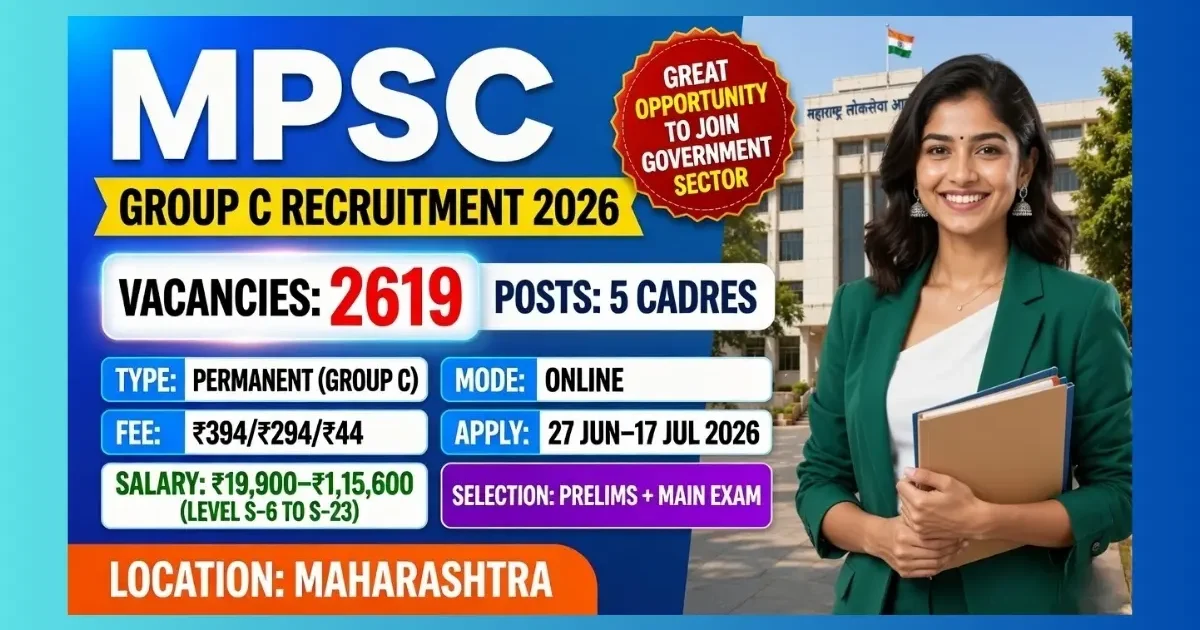 MPSC Group C Recruitment 2026 official notification for 2619 Clerk Typist AMVI Tax Assistant posts in Maharashtra