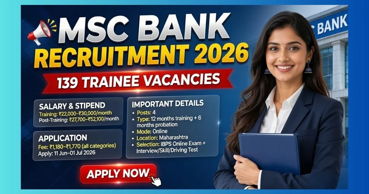 MSC Bank Maharashtra Trainee Recruitment 2026 for 139 Junior Officer Associate Typist and Driver posts