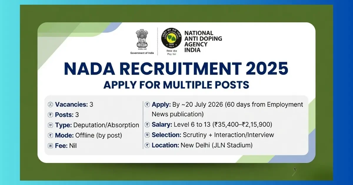 NADA New Delhi Scientific Director, Law Officer and Personal Assistant Recruitment 2026 for 3 deputation posts