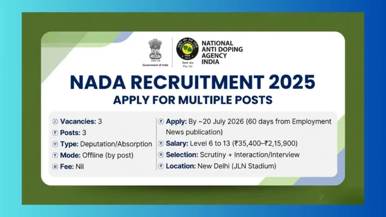 NADA New Delhi Scientific Director, Law Officer and Personal Assistant Recruitment 2026 for 3 deputation posts