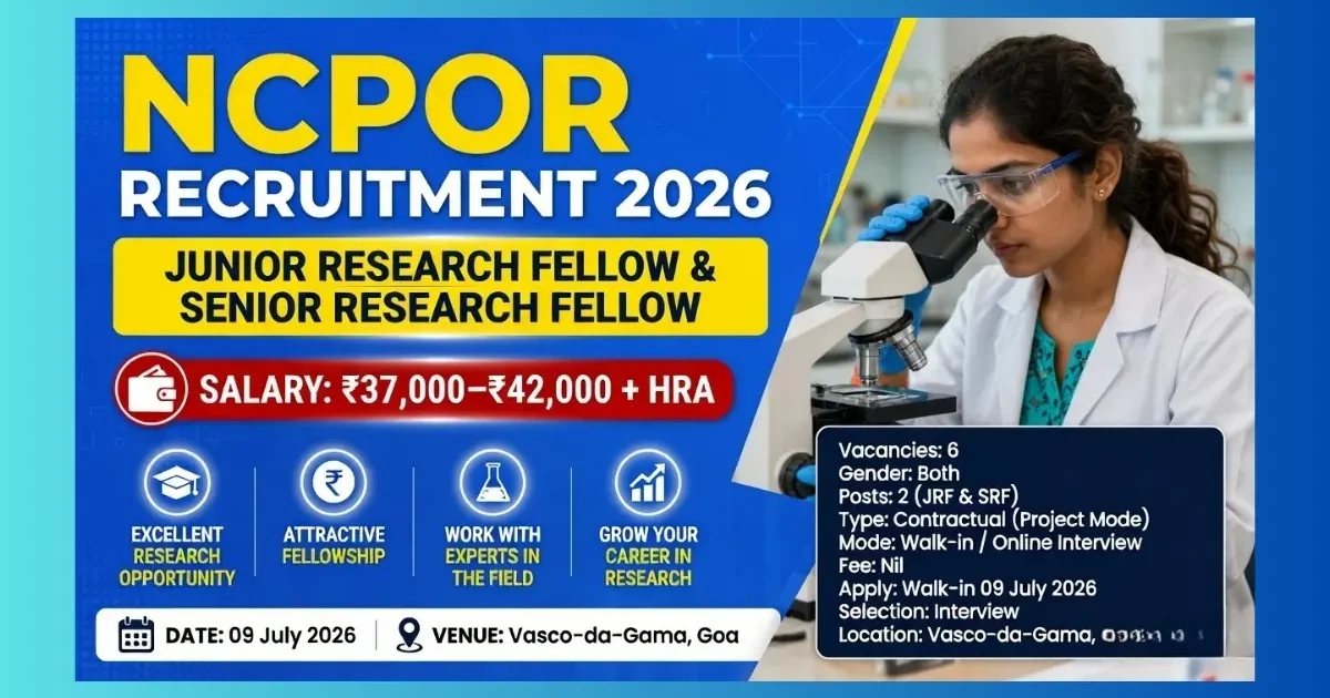 NCPOR Goa JRF and SRF Recruitment 2026 walk-in for 6 research fellow posts at Vasco-da-Gama