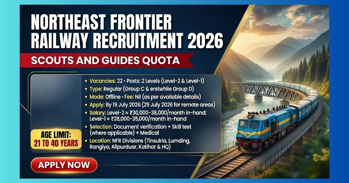 NFR Guwahati Scouts & Guides Quota Recruitment 2026 official notification for 22 posts in Level-1 and Level-2