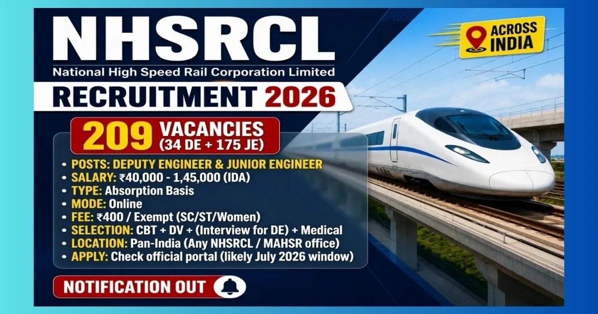 NHSRCL Deputy Engineer and Junior Engineer Recruitment 2026 for 209 absorption posts from serving railway employees