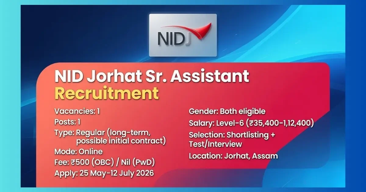 NID Jorhat Senior Assistant Finance Accounts Recruitment 2026 for 1 post apply by 12 July