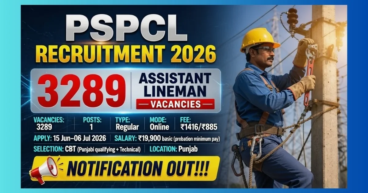 PSPCL Punjab Assistant Lineman Recruitment 2026 official notification for 3289 posts