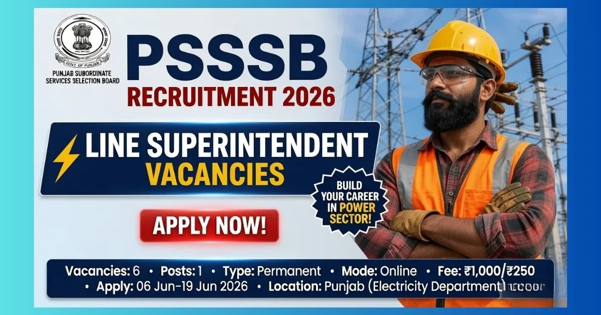 PSSSB Punjab Line Superintendent Recruitment 2026 official notification for 6 Group-C posts in Electricity Department