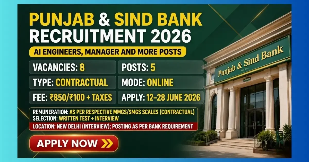 Punjab & Sind Bank Cloud CoE and AI Engineer Recruitment 2026 official notification for 8 contractual posts