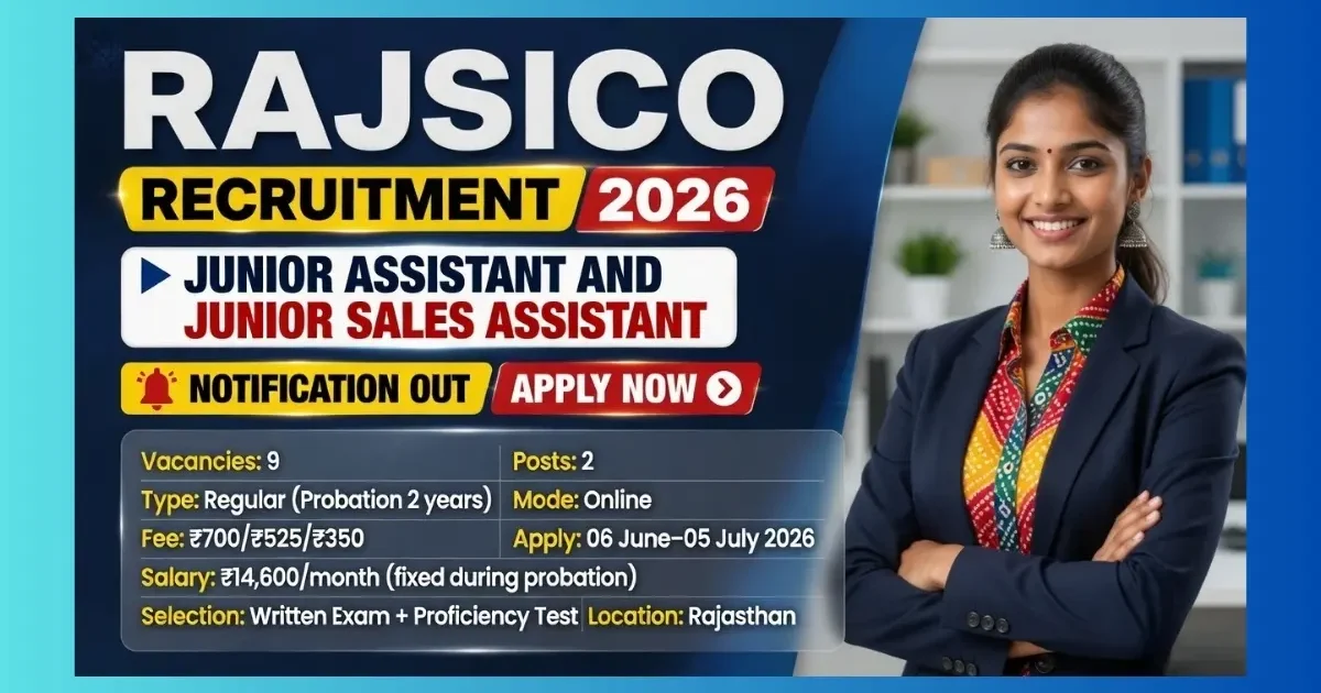 RAJSICO Rajasthan Junior Assistant and Junior Sales Assistant Recruitment 2026 official notification for 9 posts