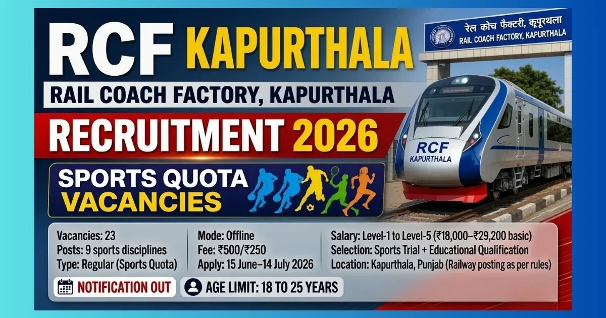 RCF Kapurthala Sports Quota Recruitment 2026 official notification for 23 posts in Hockey Athletics Wrestling and other disciplines