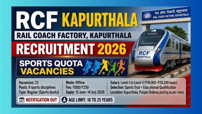 RCF Kapurthala Sports Quota Recruitment 2026 official notification for 23 posts in Hockey Athletics Wrestling and other disciplines