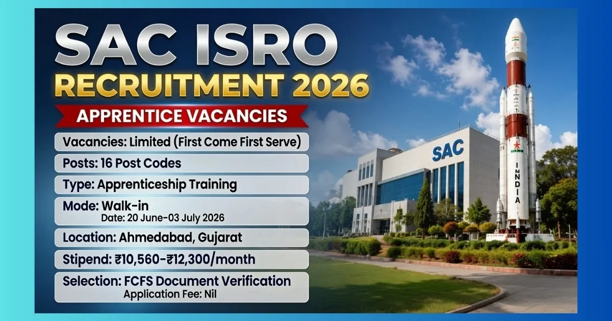 SAC ISRO Apprentice Recruitment 2026 walk-in for Graduate, Technician and Trade posts at Ahmedabad campus