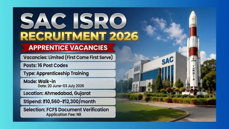 SAC ISRO Apprentice Recruitment 2026 walk-in for Graduate, Technician and Trade posts at Ahmedabad campus