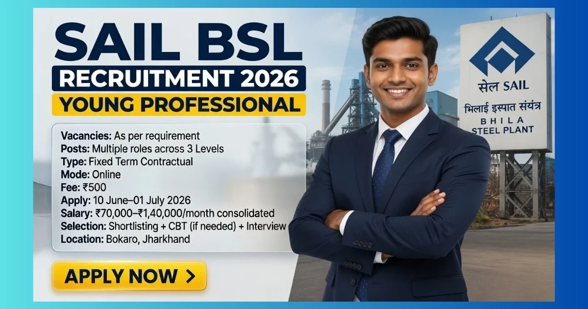 SAIL Bokaro Young Professional Recruitment 2026 for fixed term YP Level 1 2 3 posts at Bokaro Steel Plant